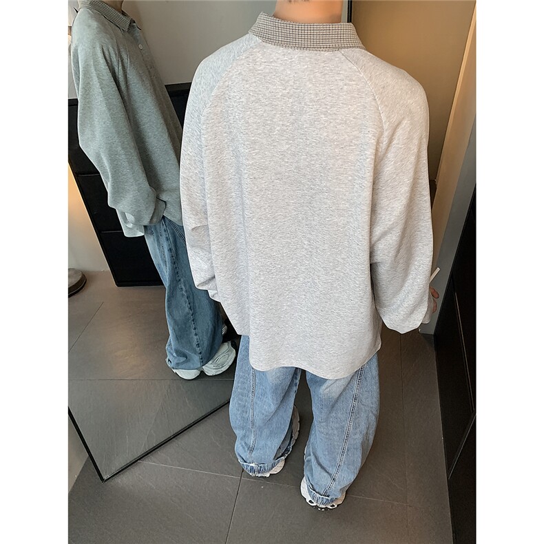 秋冬千鸟格拼接POLO领长袖无性别穿搭宽松百搭长袖上衣W101-P48,男装Polo衫,电商C307