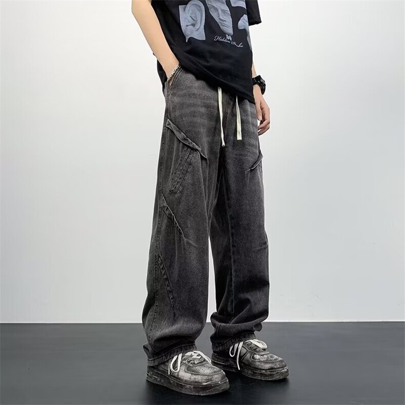 水洗做旧黑色牛仔裤子男款宽松百搭阔腿裤子N9013,男装牛仔裤,星座1116A-1（原606A）