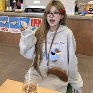 加绒韩系腊肠狗连帽卫衣女冬季灰色刺绣宽松设计感上衣ZV8100 P51图片