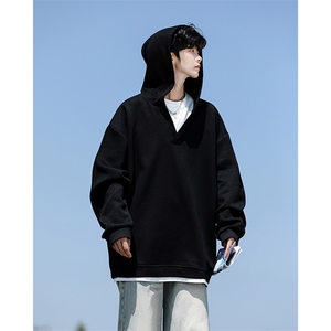 8XL-M叠穿假两件卫衣重磅连帽V领拼接套头衫宽松大码外套WY006P65