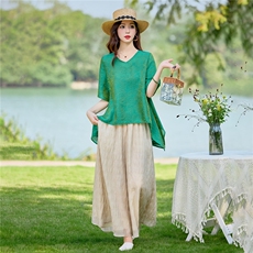 新中式提花休闲套装女春夏宽松显瘦七分袖上衣气质裙裤两件套，女装套装/套裙，水衣源