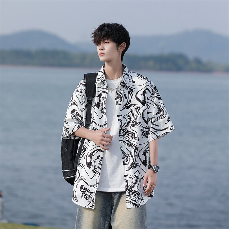 wassuphappy水墨短袖衬衫男夏季薄款潮牌高级感衬衣宽松休闲外套，男装衬衫，星座109-1