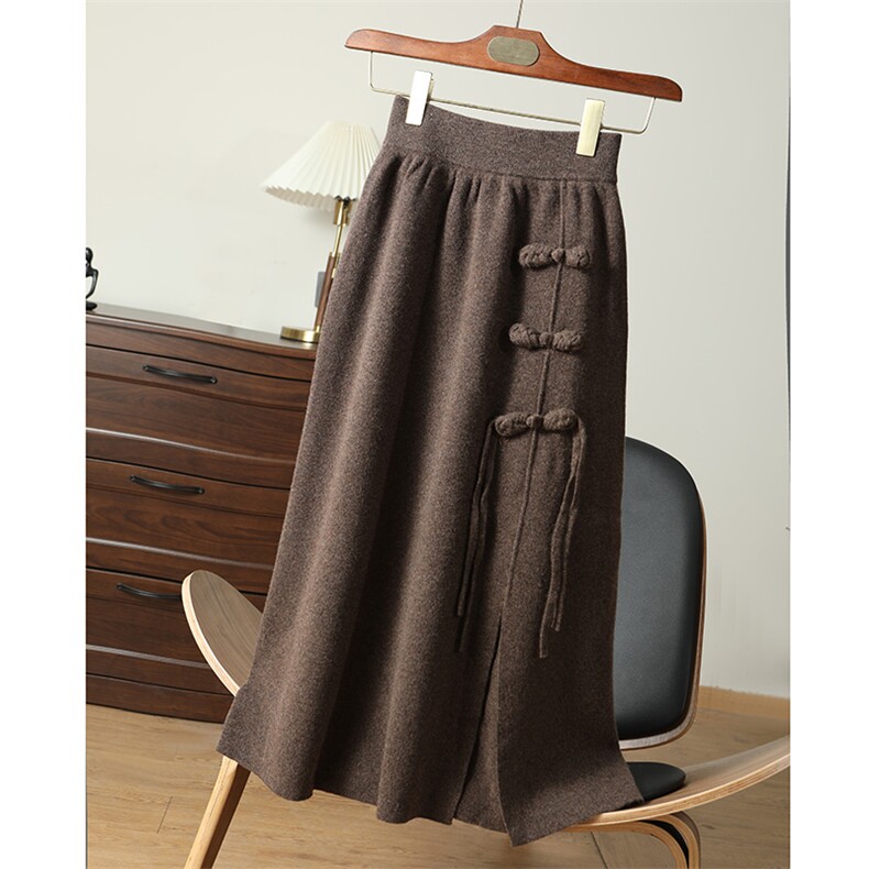优雅复古羊毛半身裙百搭显瘦琵琶扣设计气质开叉长裙，女装半身裙，江杉羊绒