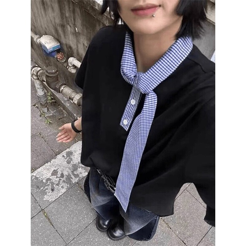 【有货】DTK24-特批40黑色领口格子拼接短袖夏季重磅正肩t恤半袖,男装T恤,星座603-2