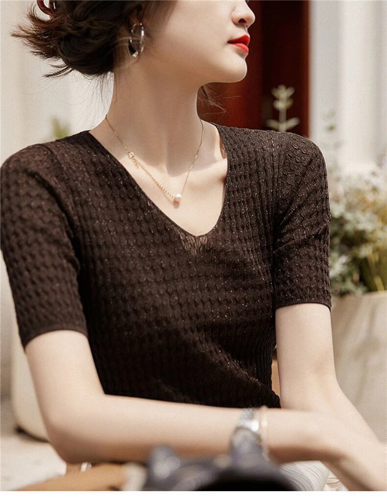 冰丝针织衫短袖女夏季新款V领薄款镂空透气,针织衫/毛衣,圣旺供货