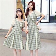 亲子装旗袍！2021夏季新款旗袍改良版复古风亲子格子连衣裙，女装连衣裙，安之芮娜