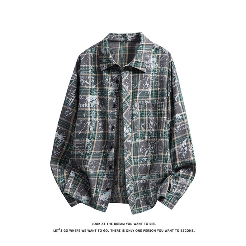 美式复古晕染格子衬衫男长袖高级感慵懒宽松外套C2260-特价P35，男装衬衫，电商A007