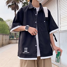 拼接工装衬衫男短袖潮牌痞帅宽松百搭衬衣夏季薄款半袖衣H301/P30，男装T恤，星座506