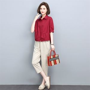 时尚翻领棉麻休闲套装女夏季新款宽松显瘦两件套气质百搭小香风图片