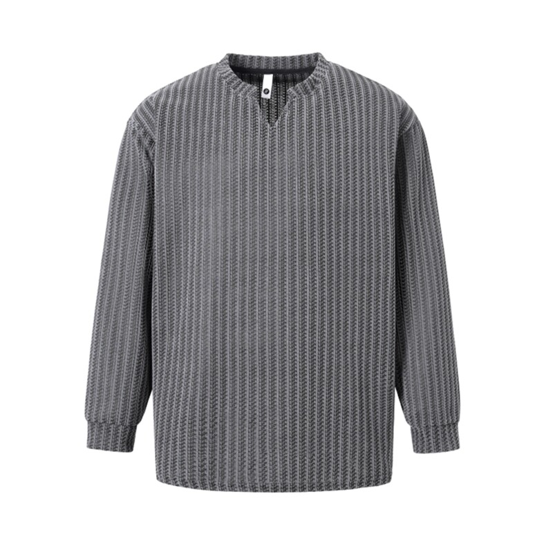 美式高街千鸟格子长袖T恤男女亨利V领英伦雅痞休闲宽松长袖打底衫，男装T恤，电商A443