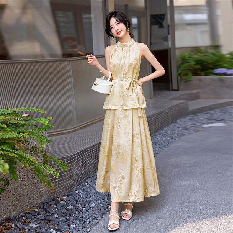 三彩2025夏季新款新中式套装无袖提花吊带两件套半身裙长裙女M,女装套装/套裙,流量+