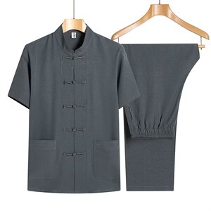 中老年唐装男士爸爸夏装短袖风棉麻套装爷爷夏季老人衣服薄款,男装休闲套装,电商B212（原钱塘6029）