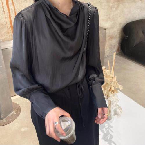 褶皱荡领系带长袖衬衫，女装衬衫，Vase