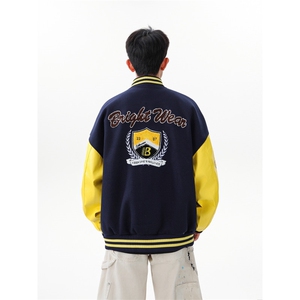 徽章拼接撞色棒球服重磅宽松情侣夹克   WT2536-特P95-控168图片