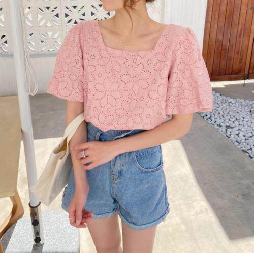 棉布刺绣泡袖上衣，女装，新袖