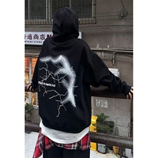 复古闪电印花连帽卫衣男秋冬季薄款百搭宽松潮长袖上衣W634，男装卫衣，星座1116A（原606A-3）