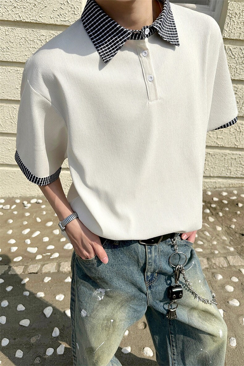 休闲百搭学院风条纹假两件短袖上衣潮流复古上衣HY732P45控68,男装T恤,电商A102B