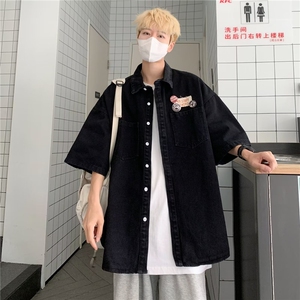 牛仔衬衫男短袖韩版潮流贴标帅2026夏季新款ins宽松外套CY281-P51图片