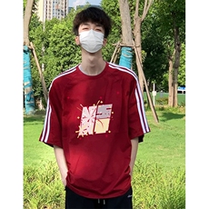 抖音得物高品质二开240克宽松纯棉美式潮牌三条杠织带短袖T恤，男装T恤，电商A486-1