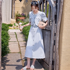 清新减龄蓝色牛仔连衣裙女2025夏季新款小个子收腰气质显瘦衬衫裙，女装连衣裙，沁沁公主