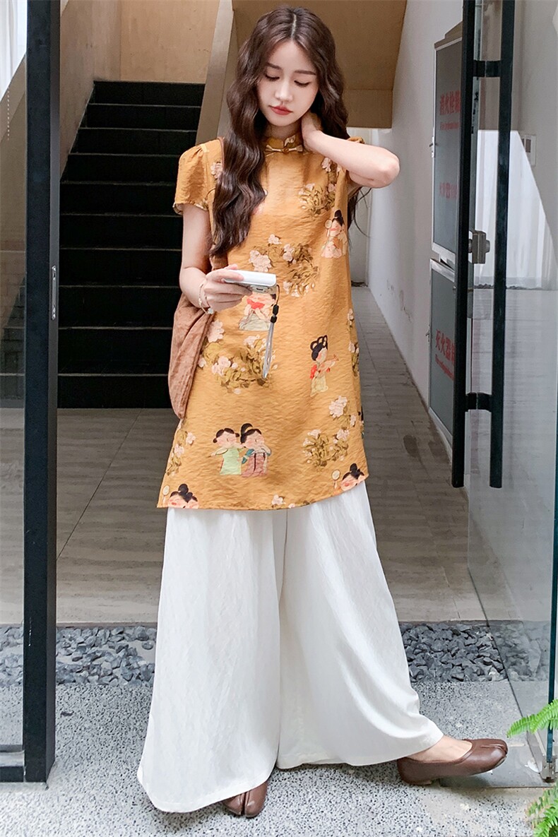 新中式复古印花改良旗袍套装女2025夏新款气质高级感阔腿裤两件套,女装套装/套裙,浙宝305