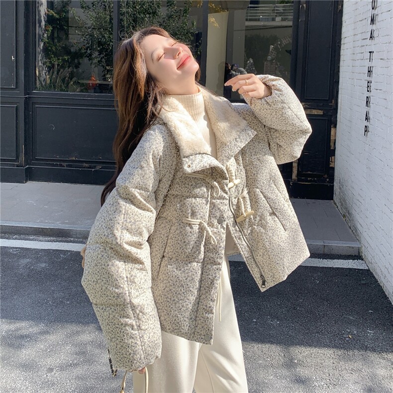 撞色短款小香风碎花羽绒服2025新款女冬独特漂亮毛绒领派克服外套,女装羽绒服,慧尚依恋