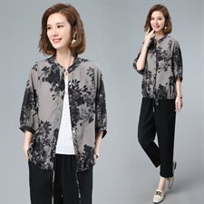 优雅印花衬衫套装女夏季新款宽松显瘦休闲两件套，女装套装/套裙，涵誉