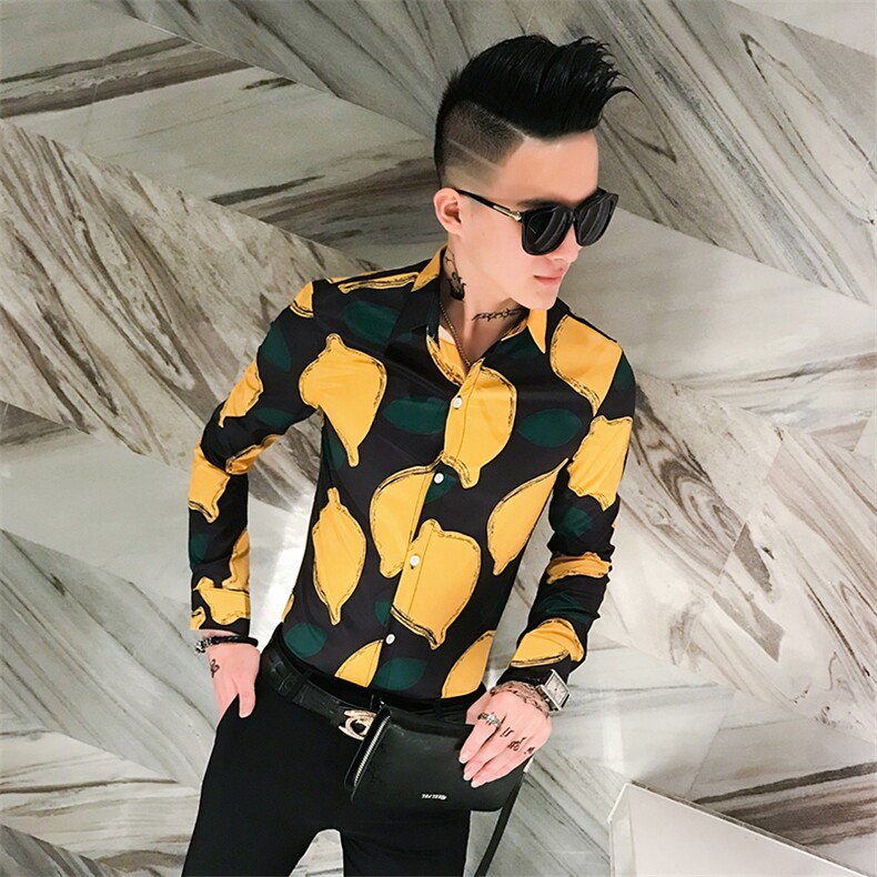 312A-922-P55新款柠檬图案修身长袖衬衫男发型师网红夜场衬衣-首5图片