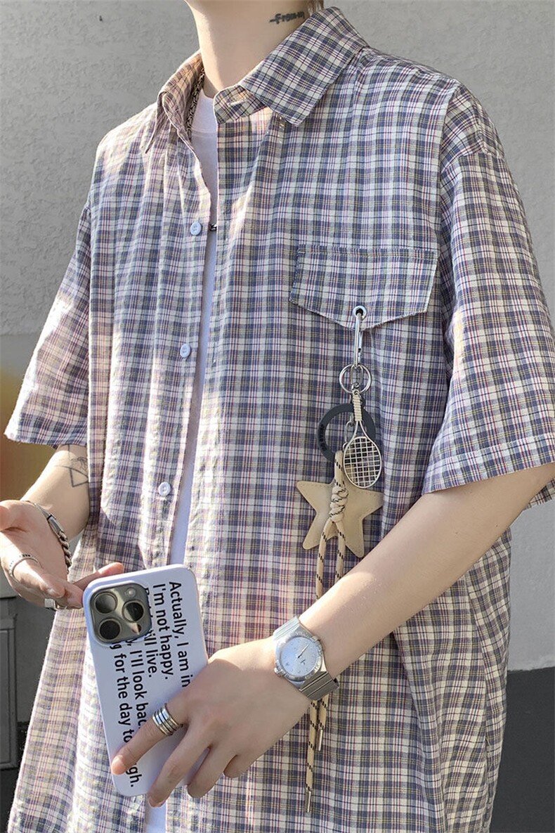 （带配件）CS1151-特批40控78夏季新款男女格子短袖大码男衬衫,男装T恤,电商A059