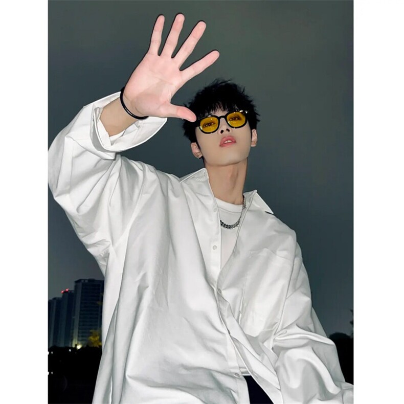 （网图）老钱风春秋痞帅长袖衬衫纯色百搭设计感衬衣防皱外套P38，男装衬衫，电商C306-1