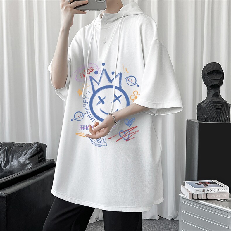 LD54180-P45 连帽短袖t恤男大码胖子带帽五分袖中袖图片