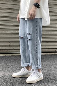 夏季港风ins纯色休闲破洞九分牛仔裤潮男宽松男女直筒裤KZ07图片