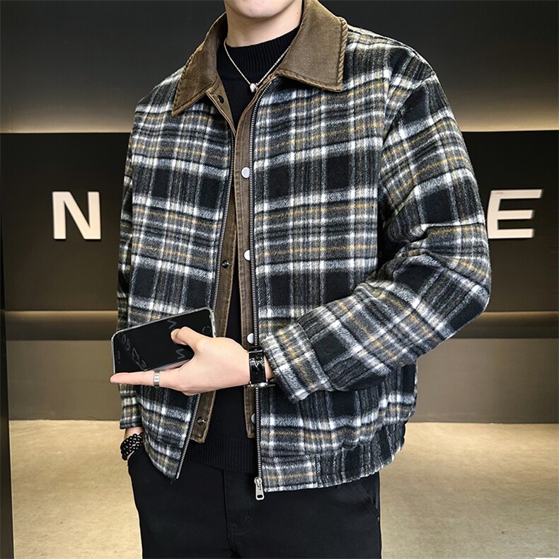 潮款毛呢格子羽绒服男标50假两件保暖外套 B317/6535/P225图片