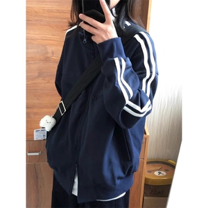 F240119-P88 潮牌拉链立领卫衣女春秋款开衫情侣双杆拼接外套图片