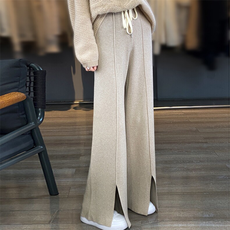 100%中缝羊绒阔腿裤女高腰优雅外穿加厚直筒裤软糯时尚针织长裤，女装休闲裤，越洋羊