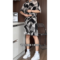 1短袖衬衫男+短裤潮流休闲套装男M-5XL大码TZ78704P50控98模特图，男装牛仔裤，星座226-2