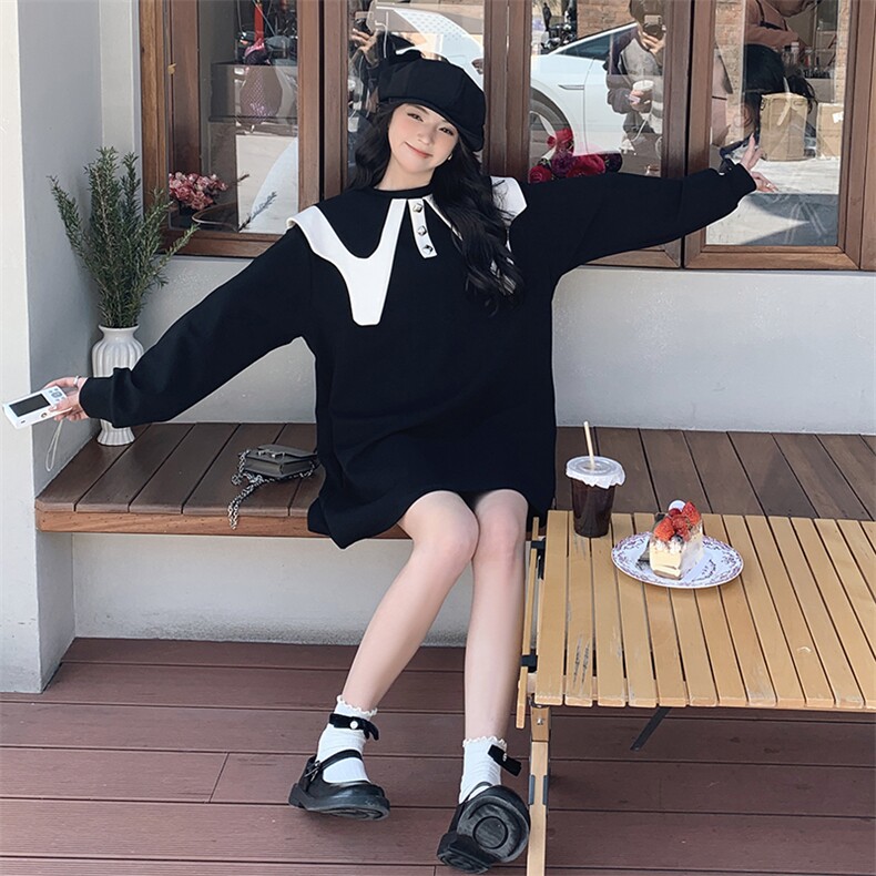 黑色娃娃领卫衣连衣裙春秋女2024新款小个子宽松减龄中长款卫衣裙,女装连衣裙,诺蝶