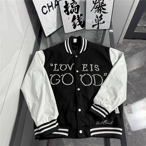 美式珍珠红色拼接棒球服男女春秋季新款高街百搭毛呢夹克立领外套图片