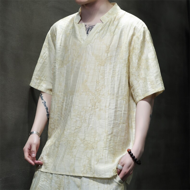 2025夏季新款风男装上衣新中式盘扣天丝提花短袖T恤C99-P65,男装T恤,电商B277(原6028)