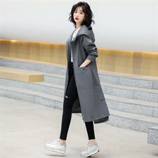 风衣女装中长款2021春装新款韩版连帽纯色外套，女装风衣，艾尚靓装
