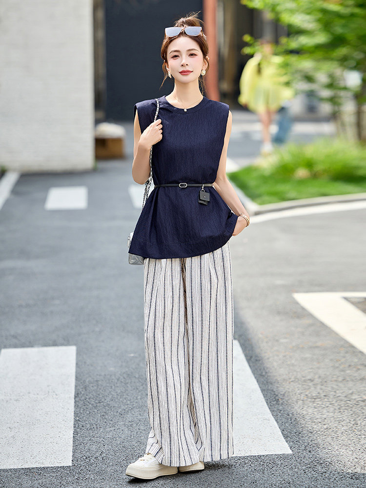 时尚条纹阔腿裤两件套女2025新款夏季无袖背心轻熟风休闲气质套装,女装套装/套裙,韩宇舍