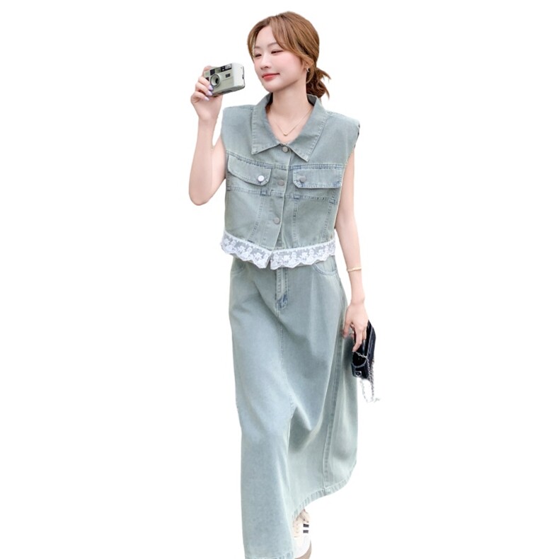 盐系穿搭休闲牛仔套装裙女2025夏季新款复古气质马甲半身裙两件套,女装套装/套裙,2D078