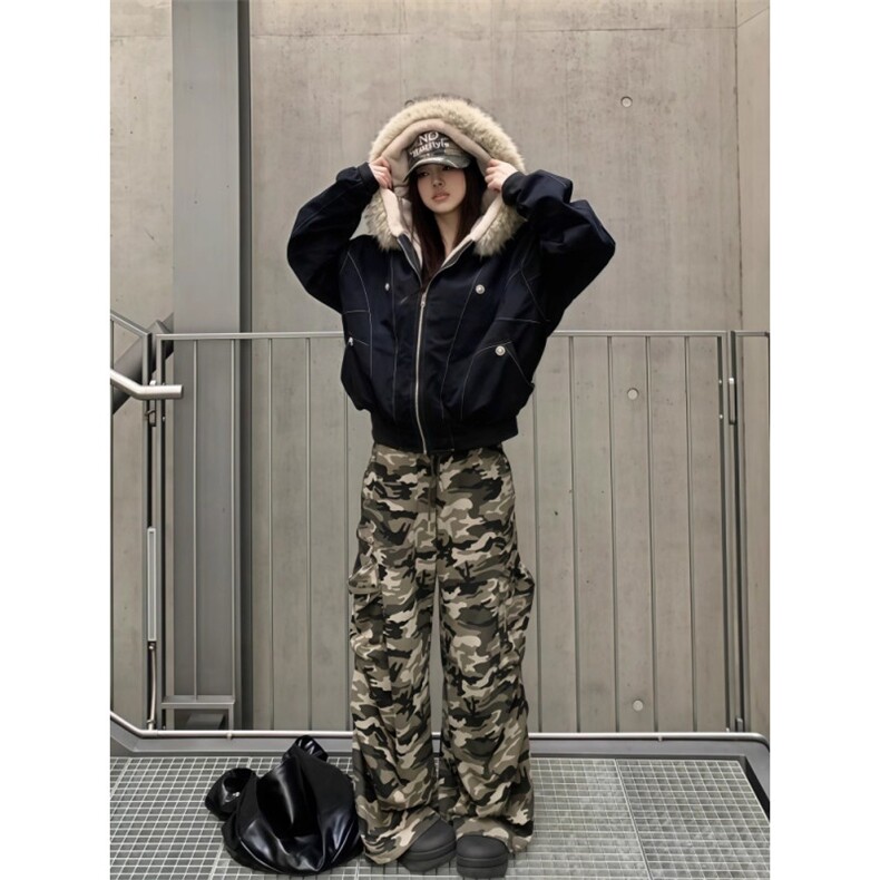 潮美式座山雕棉服女冬季cleanfit设计感短款加绒加厚派克服棉衣图片