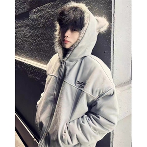 美式毛领兔耳座山雕棉衣男女冬季情侣棉服麂皮绒外套 M805图片