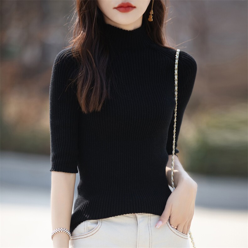 夏季新款纯棉抽条半高领短袖女修身T恤半袖中袖纯色套头外穿上衣，女装针织衫/毛衣，彩羽羊绒