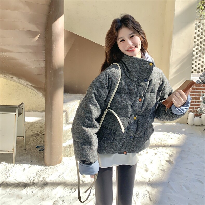 韩系灰色撞色短款羽绒服外套女冬2025新款设计保暖白鸭绒气质外套,女装羽绒服,艾米莉亚