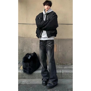 美式ins高街hiphop重工艺水洗暗黑微喇牛仔裤货号K2401P60图片