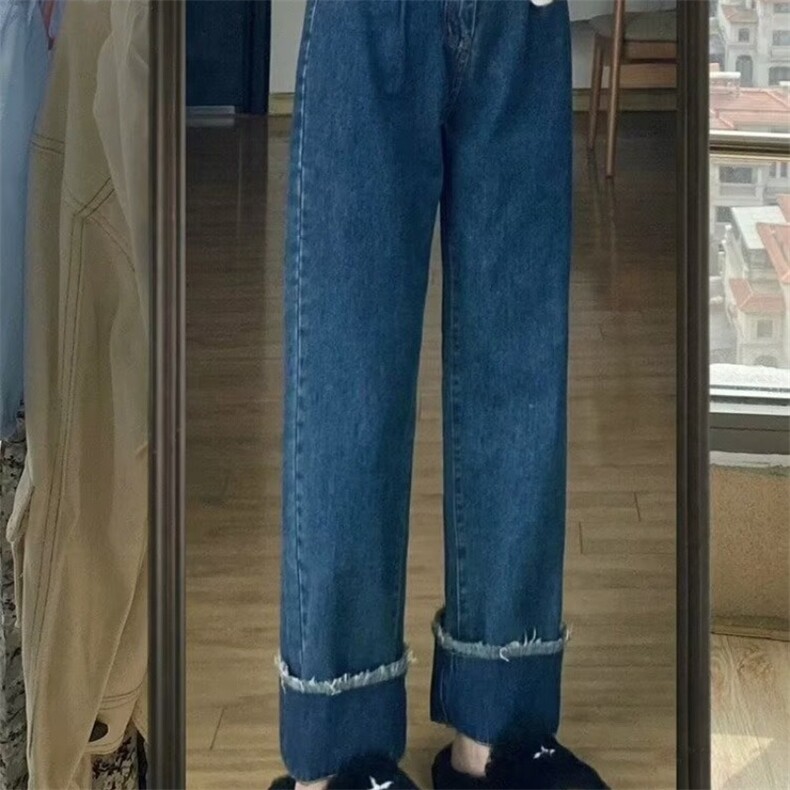 复古牛仔直筒裤女春秋款大码高腰宽松梨形身材显瘦撞色卷边阔腿裤,男装牛仔裤,星座1210-1