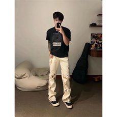 【有货】火焰蕾丝微喇白色牛仔裤男美式高街vibe裤子B07WW-特P50，男装牛仔裤，星座1007（原301D）