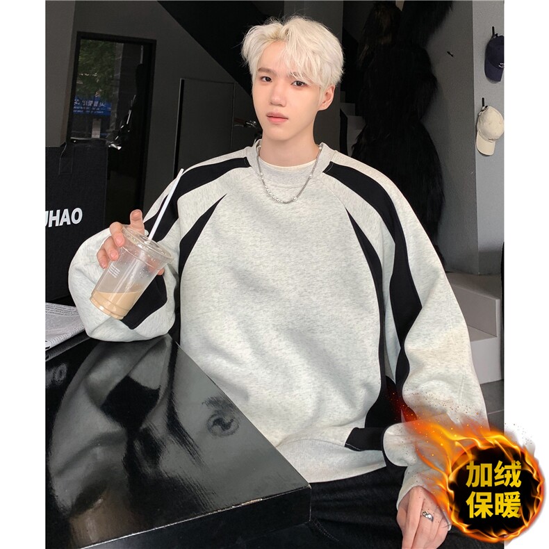秋冬新款撞色拼接重磅加绒卫衣男圆领简约打底衫MY085-P60,男装卫衣,电商C307